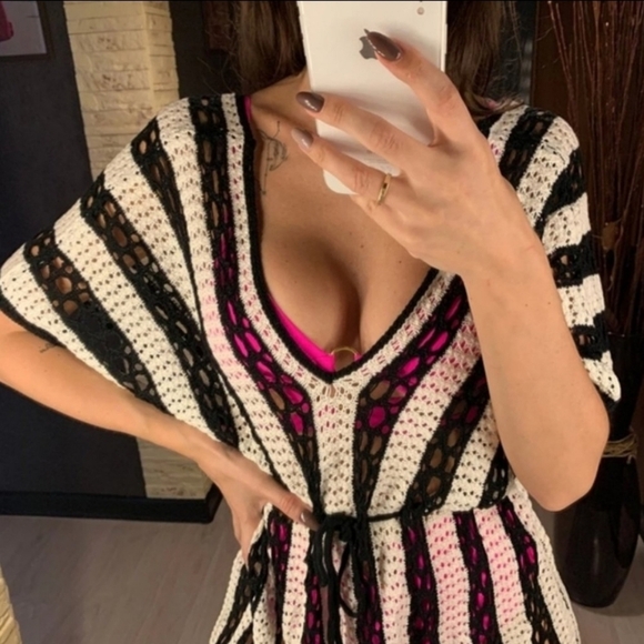 Black and White Crochet Mini Dress Cover Up - Picture 2 of 9